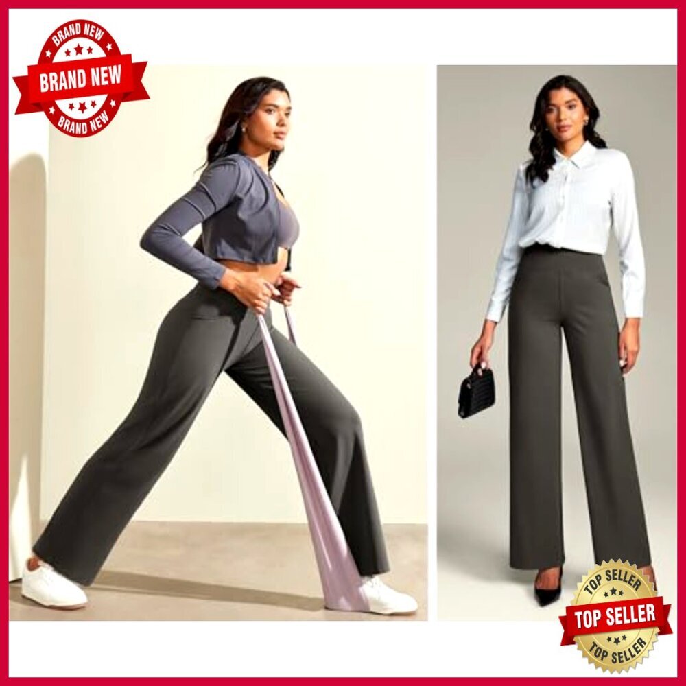 High Waist Wide Leg Yoga Pants with Pockets Tummy Control Stretch - Picture 5 of 6